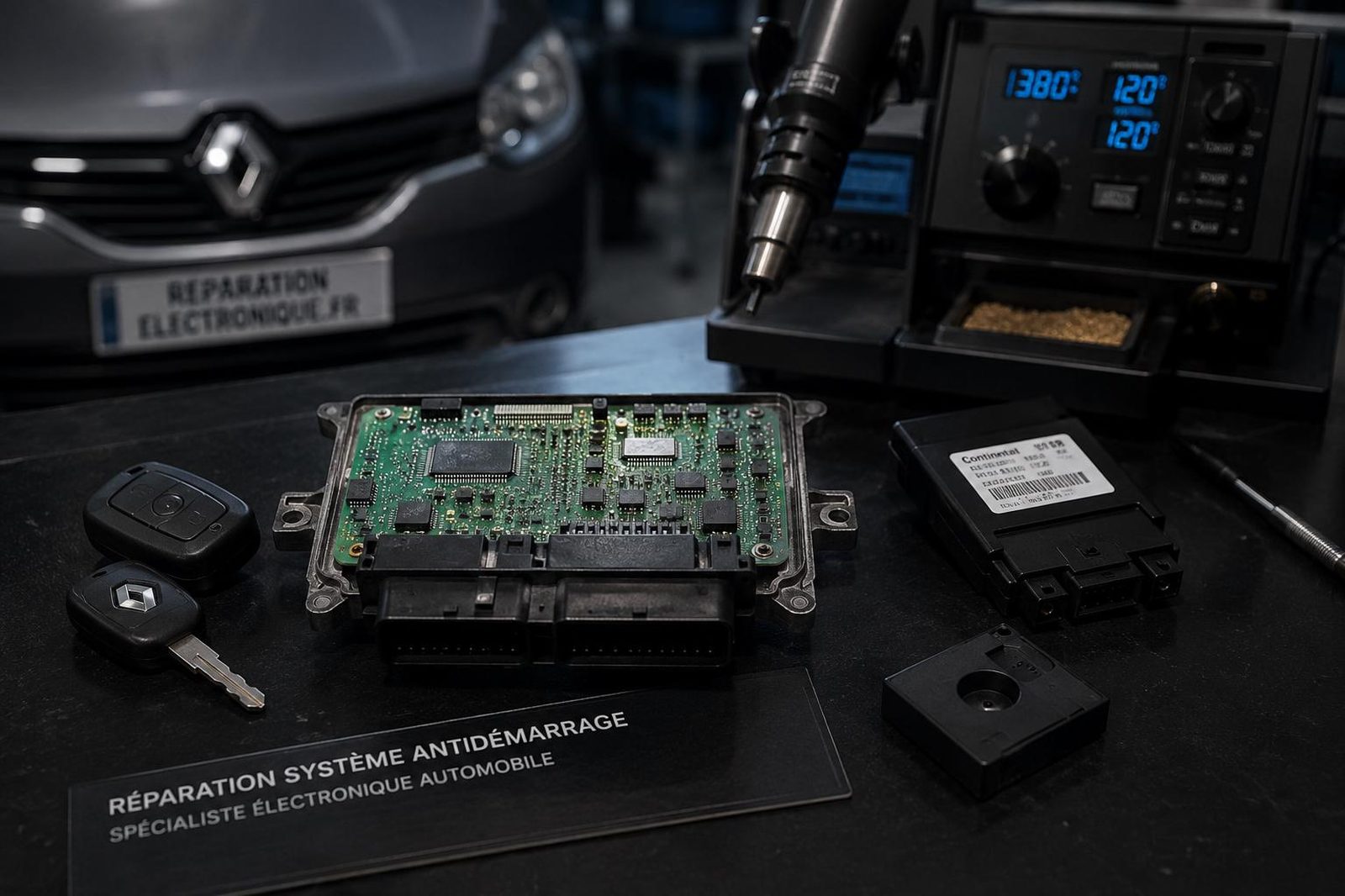 Calculateur moteur Renault ouvert, unité centrale habitacle, transpondeur et clés Twingo sur l'établi de Techtronic, devant une station de soudage
