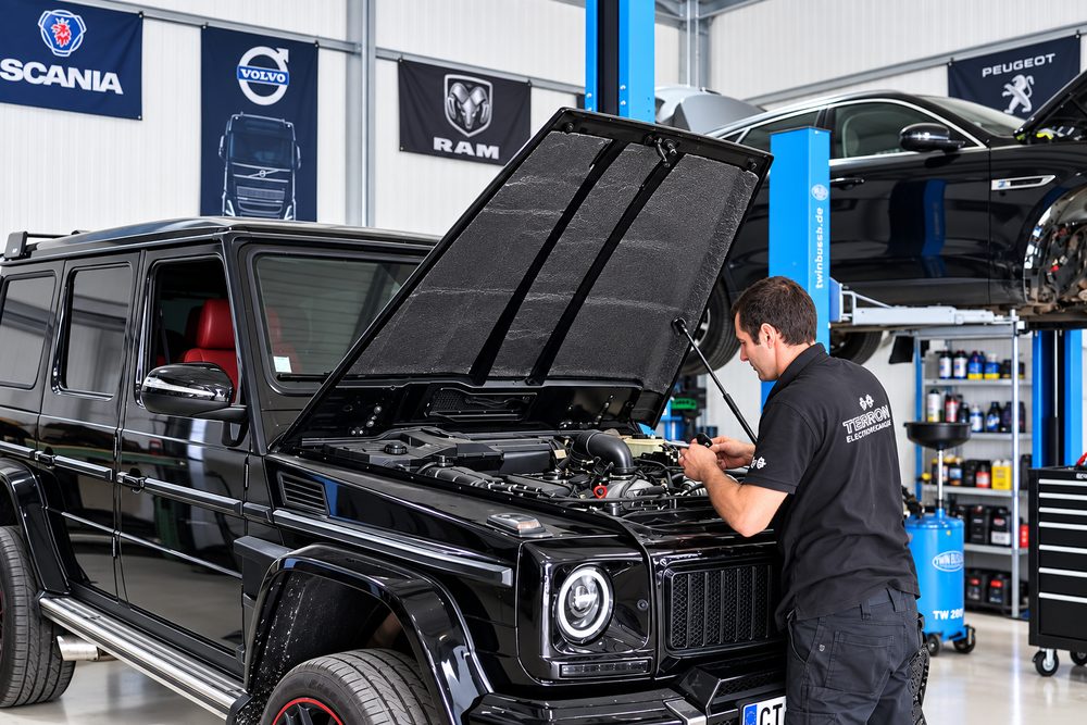 Technicien Techtronic en intervention sous le capot d'un Mercedes G
